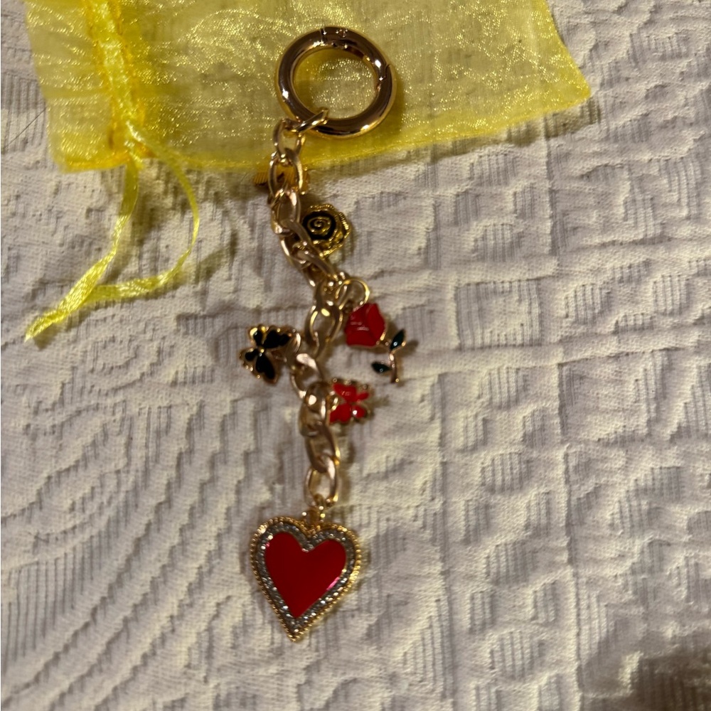 Gold and Red Heart Charm Keychain